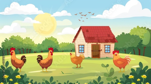 Illustration of Poultry Farm with Funny Hens and Adorable Baby Chicks