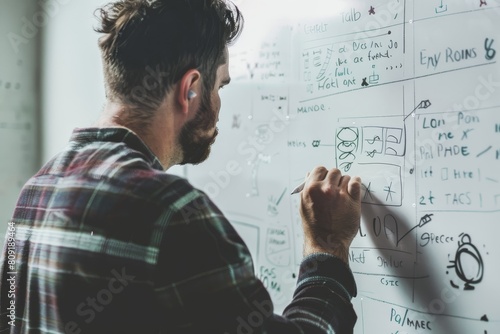 A man, likely a coach, is writing on a whiteboard with a marker, possibly explaining a game plan, A coach drawing up a game plan on a whiteboard photo