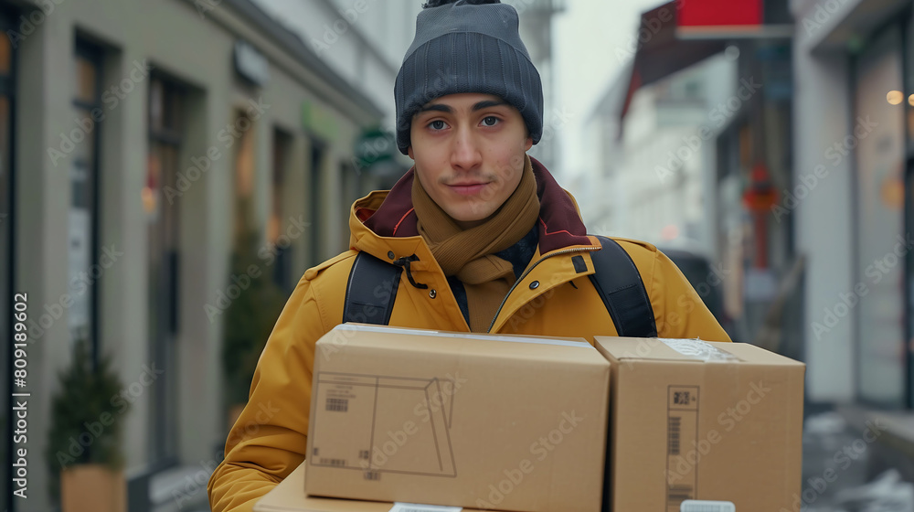 A person delivers boxes with a determined expression, captured in crisp detail by an HD camera A person delivers boxes with a determined expression, captured in crisp detail by an HD camera