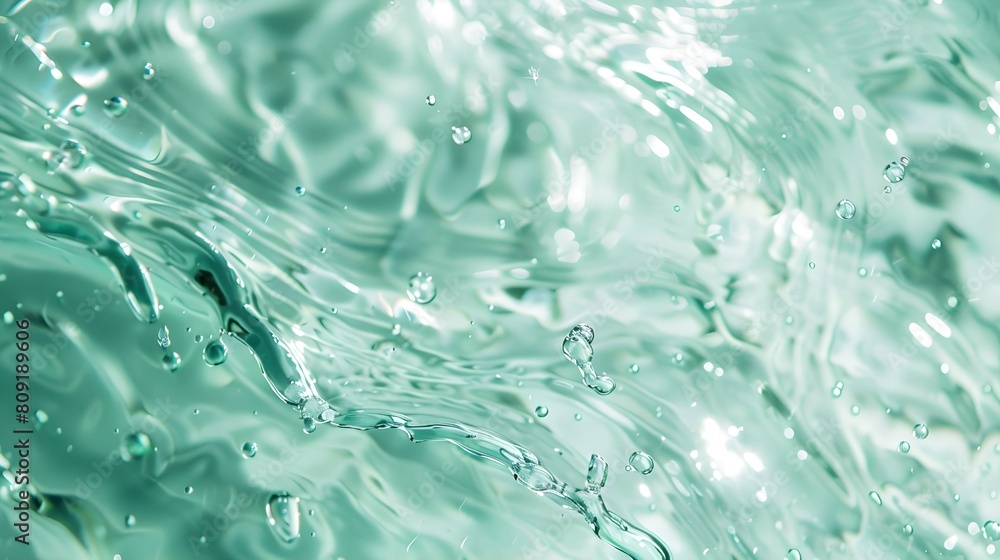 Closeup of mint green transparent clear calm water surface texture with splashes and bubbles. Trendy abstract summer nature background. Mint colored waves in sunlight. Closeup of mint green transparent clear calm water surface texture with splashes and bubbles. Trendy abstract summer nature background. Mint colored waves in sunlight.