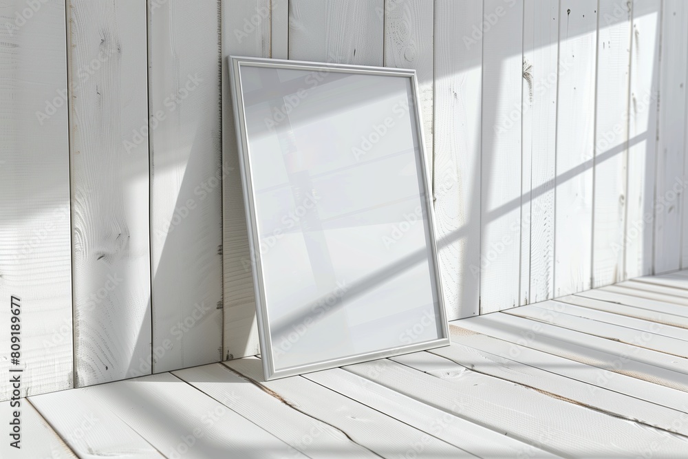 Fototapeta premium A3 size mockup leaning against a white wooden wall, reflections from the window