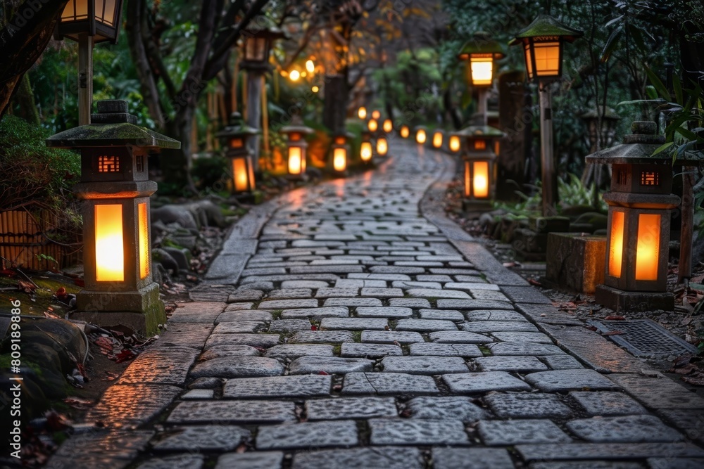 Lanterns casting light on a cobblestone path at night, A cobblestone pathway lined with lanterns Lanterns casting light on a cobblestone path at night, A cobblestone pathway lined with lanterns