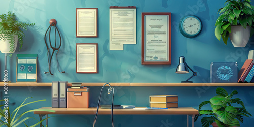 Doctor's Office Wall: Displaying medical diplomas and certificates, anatomical charts, and a stethoscope hanging nearby