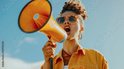 Feminist with a megaphone at a protest.  Women's protest for rights and equality photo