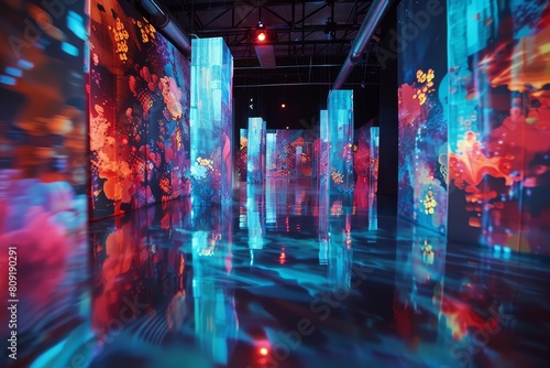 A room illuminated by various colorful lights creating a vibrant and dynamic atmosphere, A collaboration between artists and technology to create innovative business solutions photo