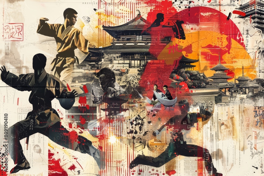 Fototapeta premium Collage of various Asian art pieces with a man running depicted among them, A collage artwork inspired by different martial arts styles from around the world