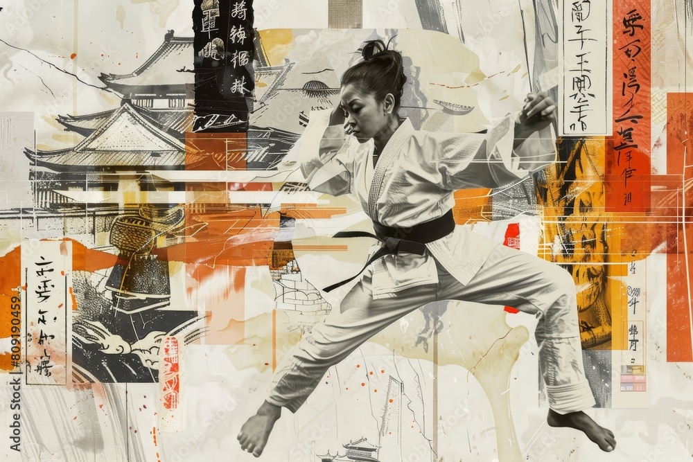 A compilation of images showing a woman performing various karate movements and stances, A collage artwork inspired by different martial arts styles from around the world