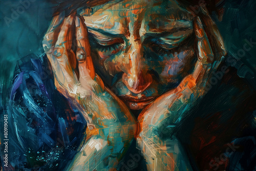 Sad depressed desperate grieving crying woman with folded hands and tears eyes during trouble, life difficulties, depression and mental emotional problems.