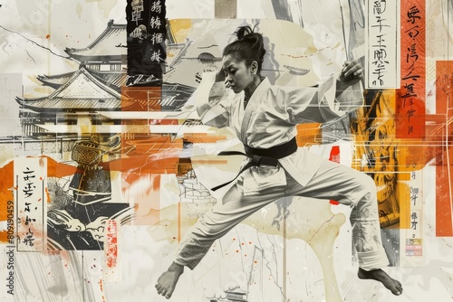 A compilation of images showing a woman performing various karate movements and stances, A collage artwork inspired by different martial arts styles from around the world © Iftikhar alam