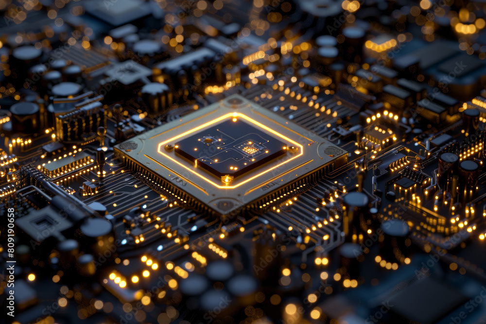 A close up of a motherboard with a cpu in the middle A close up of a motherboard with a cpu in the middle