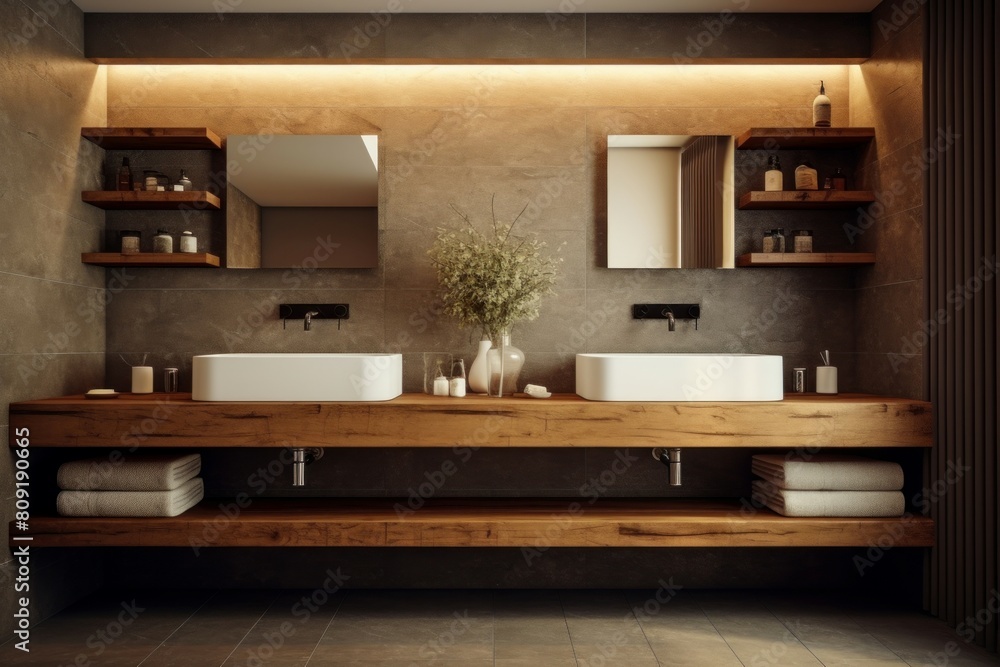 Contemporary bathroom design featuring dual vessel sinks on a wooden vanity against a textured wall Contemporary bathroom design featuring dual vessel sinks on a wooden vanity against a textured wall