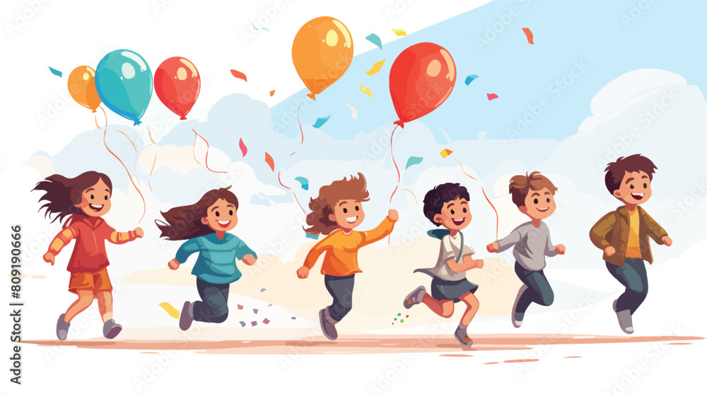 Kids boys and girls running with colorful kites and