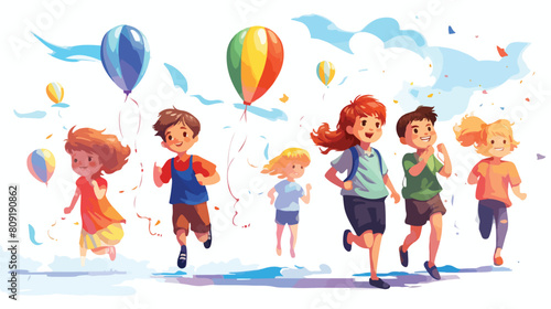 Kids boys and girls running with colorful kites and