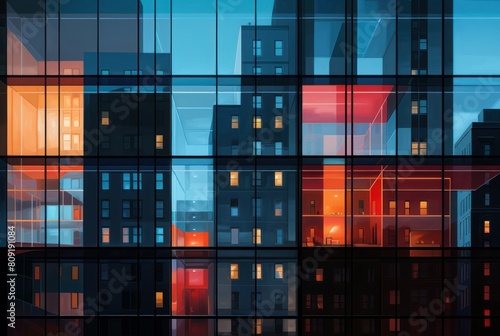 Vibrant cityscape reflected in glass facade of a modern building during twilight