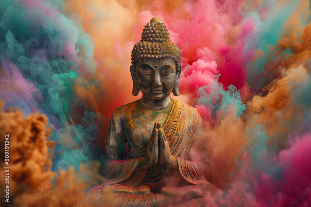 © RetoricMedia - Stone statue of buddha meditating against color explosion background