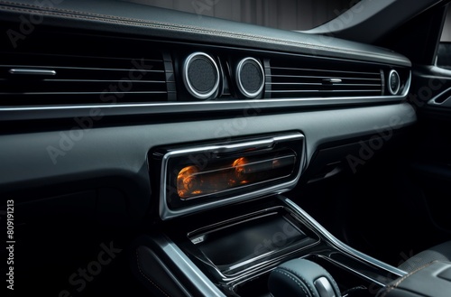 Close-up of a luxurious vehicle's dashboard featuring sophisticated design and advanced control elements