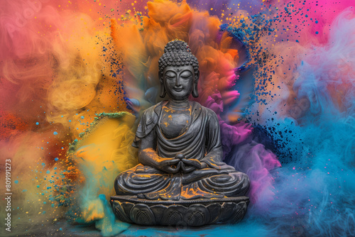 Stone statue of buddha meditating against color explosion background