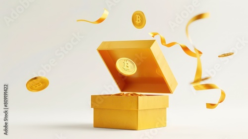 3D Open gift box with floating gold coin and serpentine ribbon. Cash surprise box. Money prize reward. Loyalty program concept. Cartoon creative design icon isolated on white background. 3D Rendering © Ibad