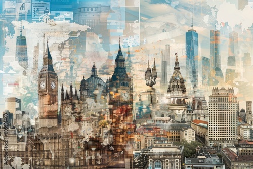 Compiling tall buildings from different cities in one image, A collage of landmarks from various countries merged into one image