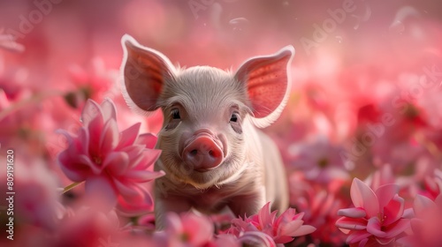 Cutie and funny young pig is standing on the green grass. Happy piglet on the meadow, small piglet in the farm posing on camera on family farm. Regular day on the farm