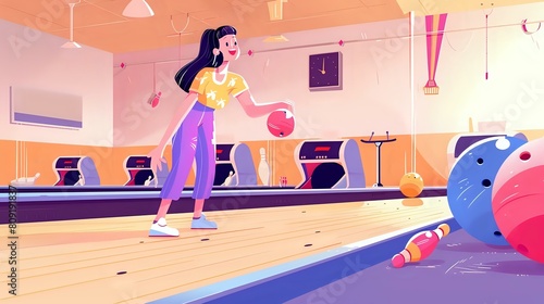 Brightly colored bowling balls and automatic pinsetters in retro alley photo