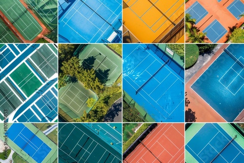 Collage showing a variety of tennis courts in different colors, A collage of various pickleball courts from around the world, showcasing the sport's global appeal