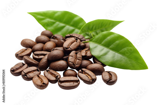 Aromatic Harmony Close-Up of Coffee Beans and Leaveson transparent background photo