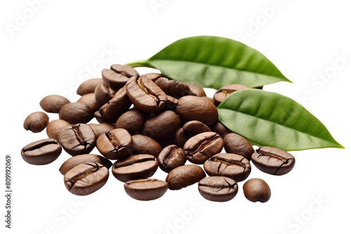 Aromatic Harmony Close-Up of Coffee Beans and Leaveson transparent background photo