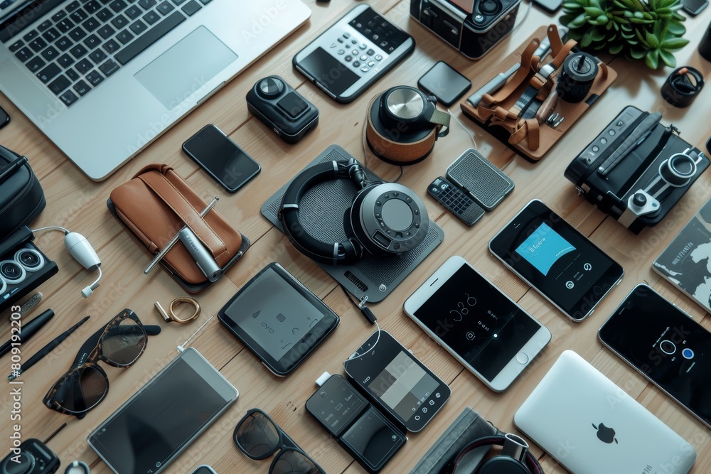 A variety of high-tech gadgets and devices neatly arranged on a table, A collection of high-tech gadgets and devices seamlessly integrated into everyday life A variety of high-tech gadgets and devices neatly arranged on a table, A collection of high-tech gadgets and devices seamlessly integrated into everyday life