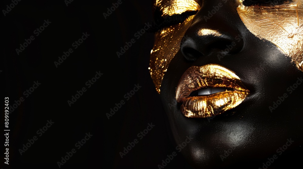 Fashion art. Beauty woman painted in black gold skin