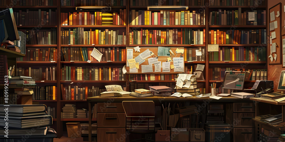 Writer's Study Wall: Filled with bookshelves stacked with books, a bulletin board with plot outlines, and motivational quotes Writer's Study Wall: Filled with bookshelves stacked with books, a bulletin board with plot outlines, and motivational quotes