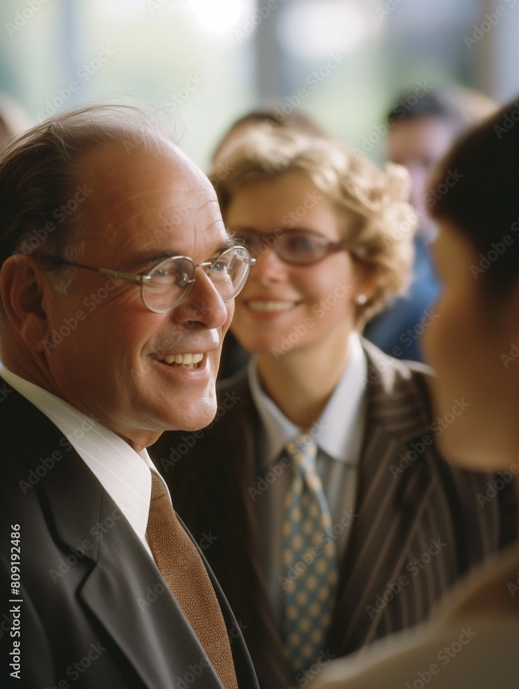 a happy group of business people having a conversation in an office, a businessman wearing glasses and a woman talking to each other. generative AI a happy group of business people having a conversation in an office, a businessman wearing glasses and a woman talking to each other. generative AI