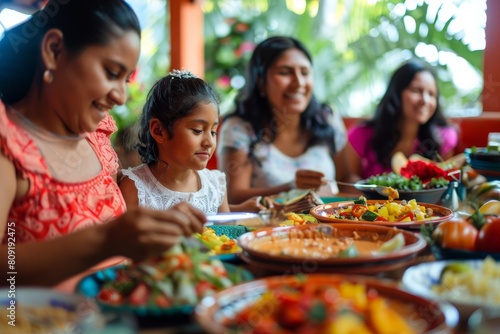 Group of people sitting at table with plates of food, engaging in conversation and sharing a traditional Colombian meal, A Colombian family enjoying a traditional meal together