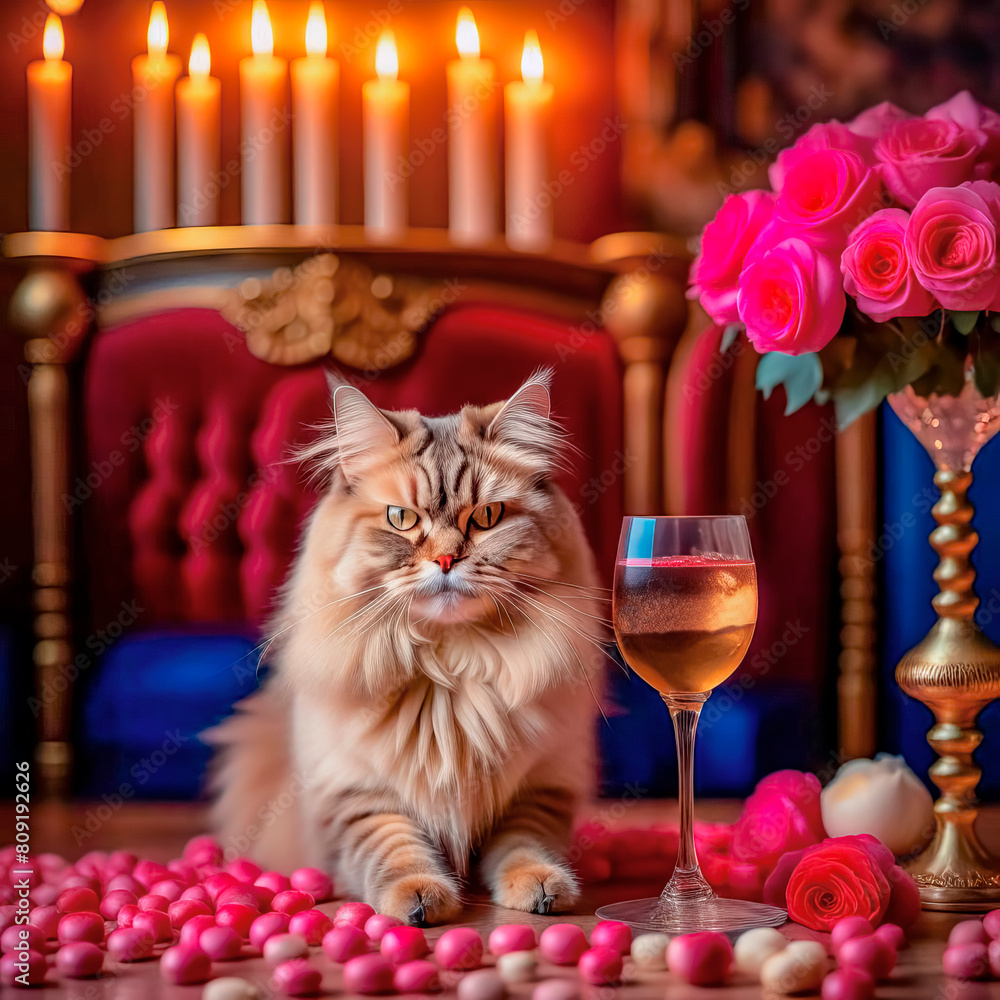 Obraz premium Gorgeous cat in a beautiful interior with a glass of wine. Romance and congratulations