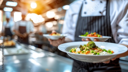  A person in an apron holds a full plate, topped with steaming broccoli and carrot arrays