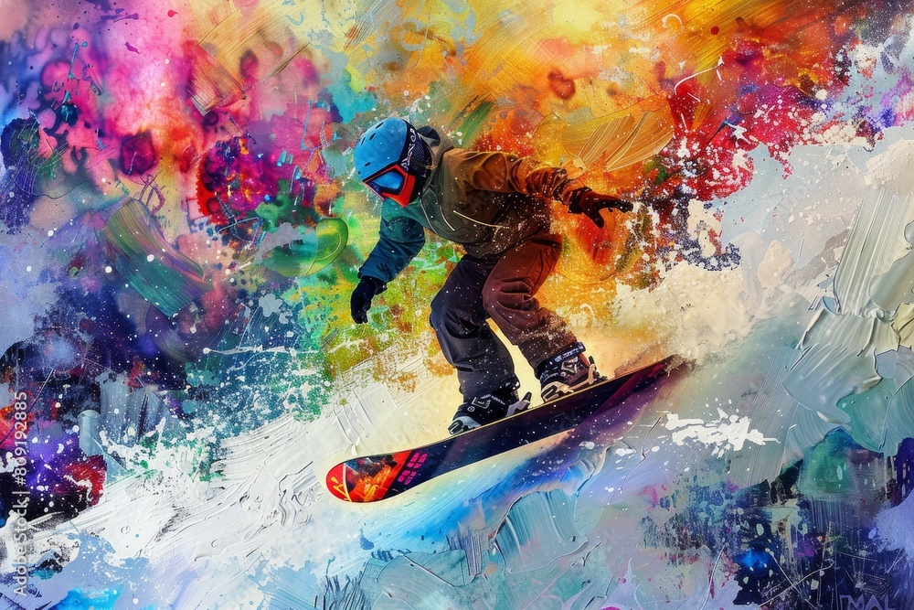 Colorful depiction of a person snowboarding down a slope, A colorful abstract representation of the exhilarating feeling of snowboarding Colorful depiction of a person snowboarding down a slope, A colorful abstract representation of the exhilarating feeling of snowboarding