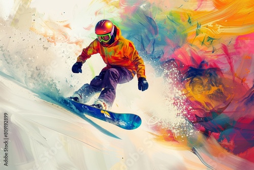 A man is snowboarding down a snow-covered slope in a thrilling manner, A colorful abstract representation of the exhilarating feeling of snowboarding