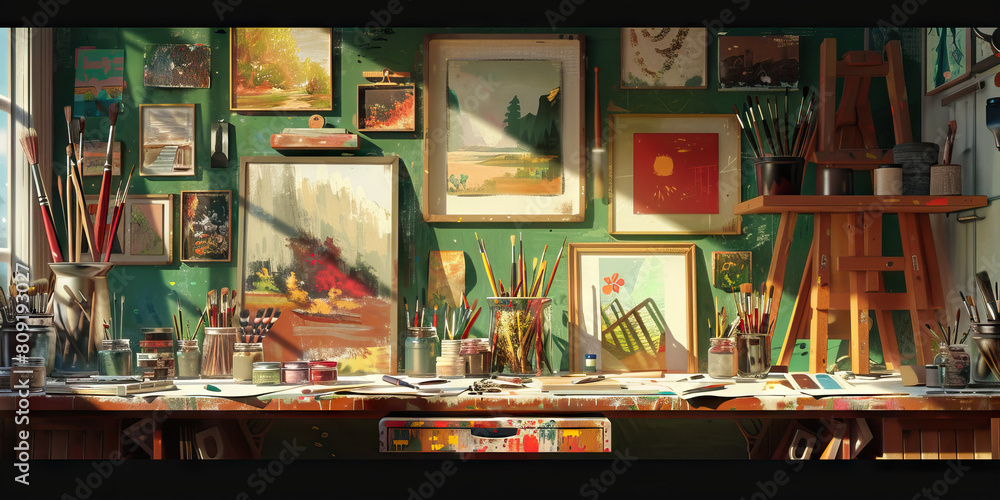 Artist's Studio Wall: Adorned with canvases in various stages of completion, paintbrushes in jars, and inspirational art prints Artist's Studio Wall: Adorned with canvases in various stages of completion, paintbrushes in jars, and inspirational art prints