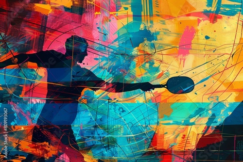 A painting depicting a man standing with a tennis racquet in hand, A colorful abstract representation of a vegan diet