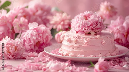   A pink cake sits atop a white plate  surrounded by pink peonies on a pink tablecloth