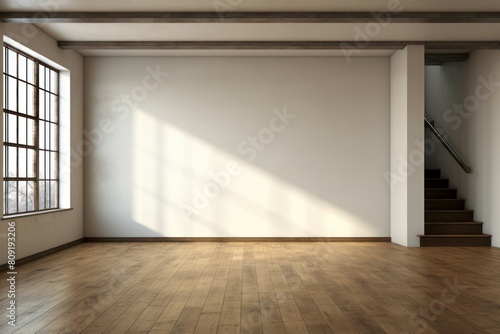 Empty interior space featuring a large window  warm sunlight  and elegant wooden flooring