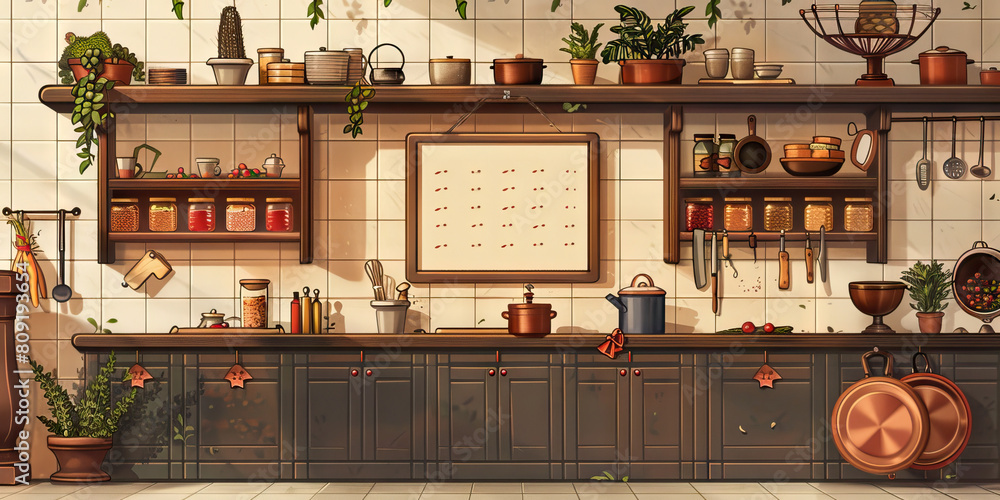 Chef's Kitchen Wall: Lined with hanging pots and pans, shelves filled with spices and cooking utensils, and a whiteboard with menu plans