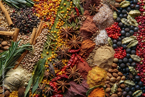 Various spices and herbs spread out on a table  showcasing a colorful array of flavors  A colorful array of spices and herbs arranged in an artistic pattern
