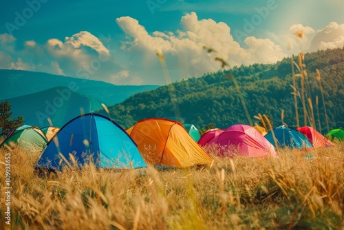 Group of tents arranged on lush green field  A colorful array of tents set up in a meadow