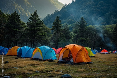 Colorful tents set up in a vast meadow overlooked by majestic mountains, A colorful array of tents set up in a meadow
