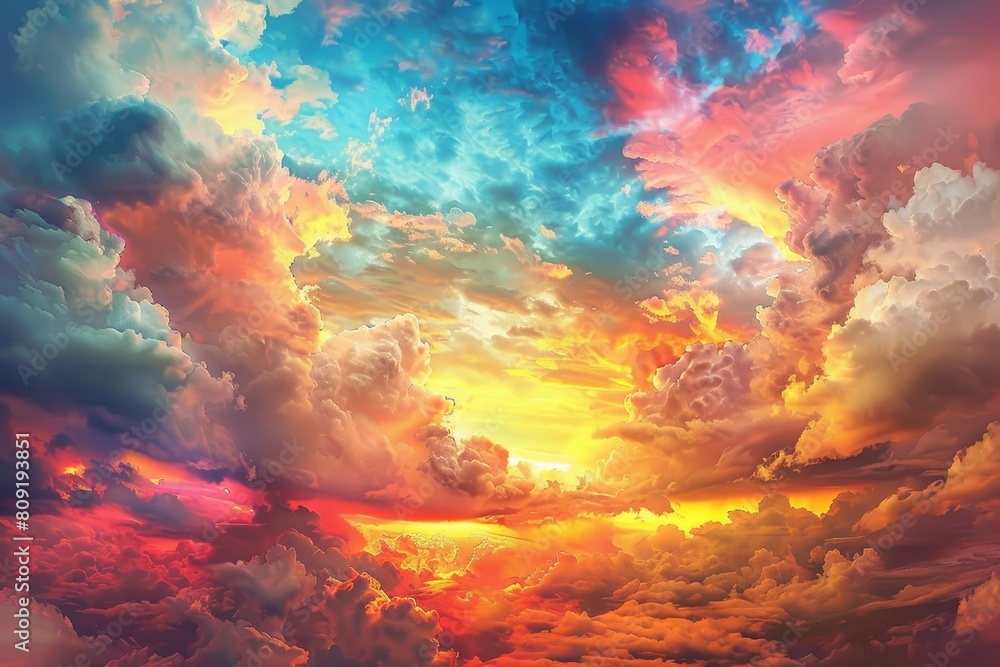 A painting showcasing a colorful sky filled with an array of warm hues and fluffy clouds, A colorful array of warm hues blending together in the sky
