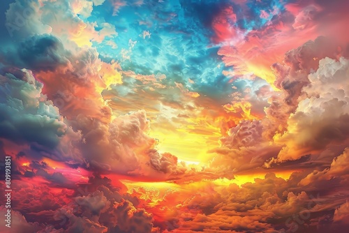 A painting showcasing a colorful sky filled with an array of warm hues and fluffy clouds  A colorful array of warm hues blending together in the sky