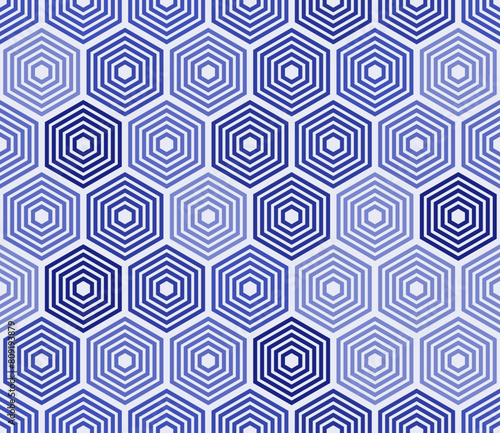 Geometric pattern featuring stacked hexagon mosaic background in indigo color tones. Seamless and tileable vector illustration.