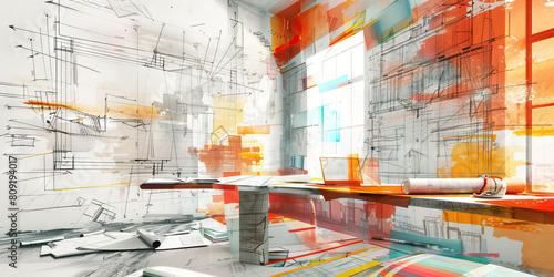 Architect's Wall: Covered in blueprints and sketches, with color swatches and architectural models displayed photo