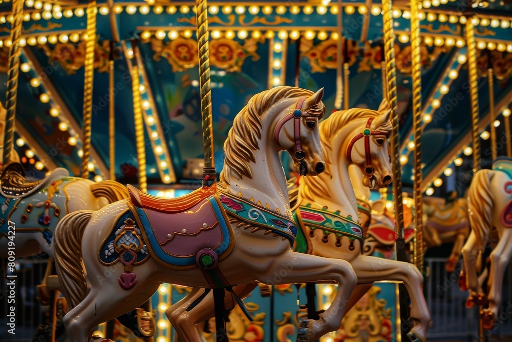 A merry go round with festive lights, colorful horses, and spinning motion at a bustling carnival, A colorful carousel with brightly painted horses and twinkling lights